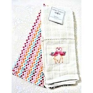Laura Ashley Flamingo Heart Kitchen Towels 2-pc Retro Dots Cotton Holiday NEW
